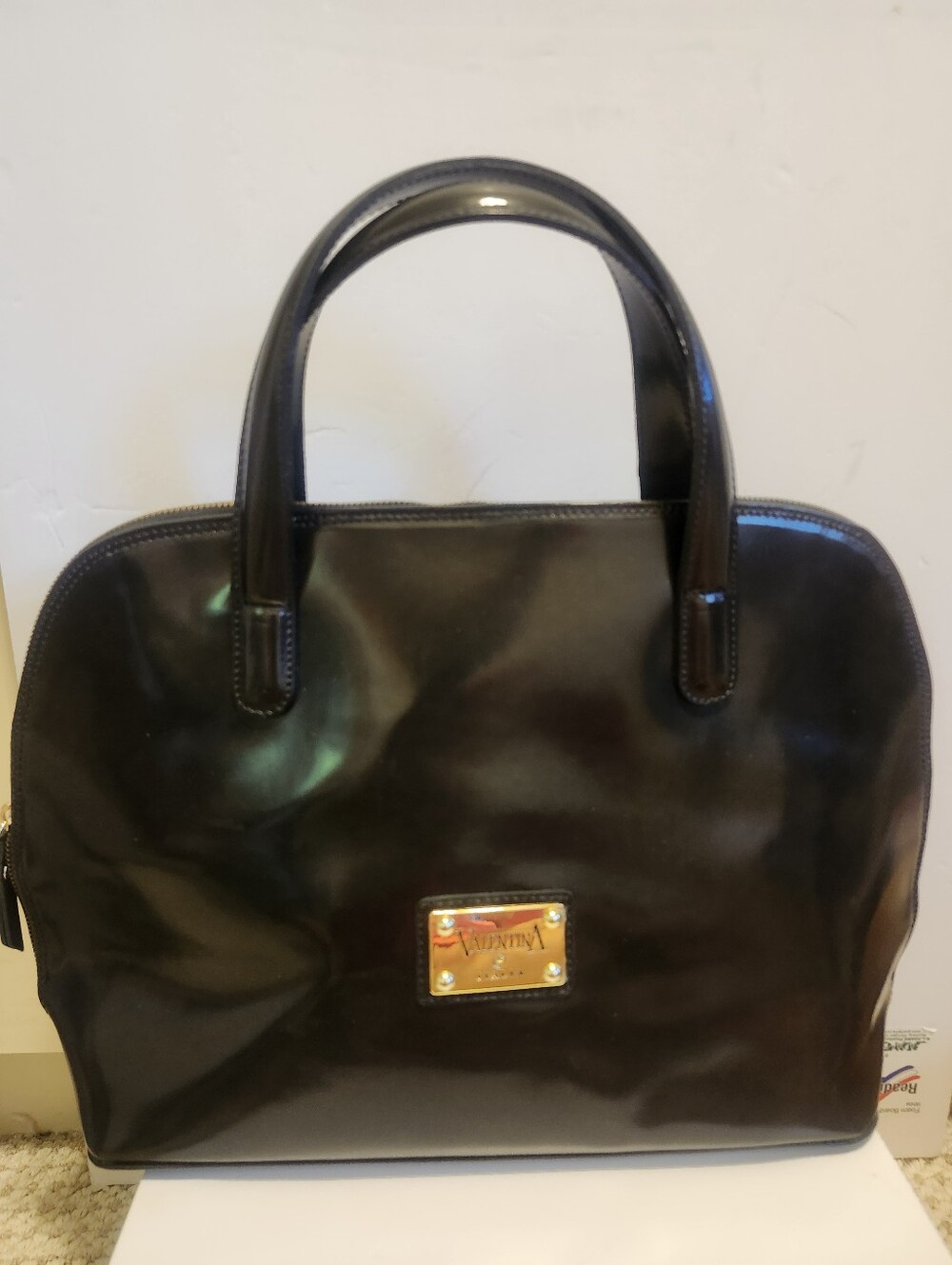 Valentina Italy Black Polished Leather Domed "Bowler" Satchel Bag Retail $320